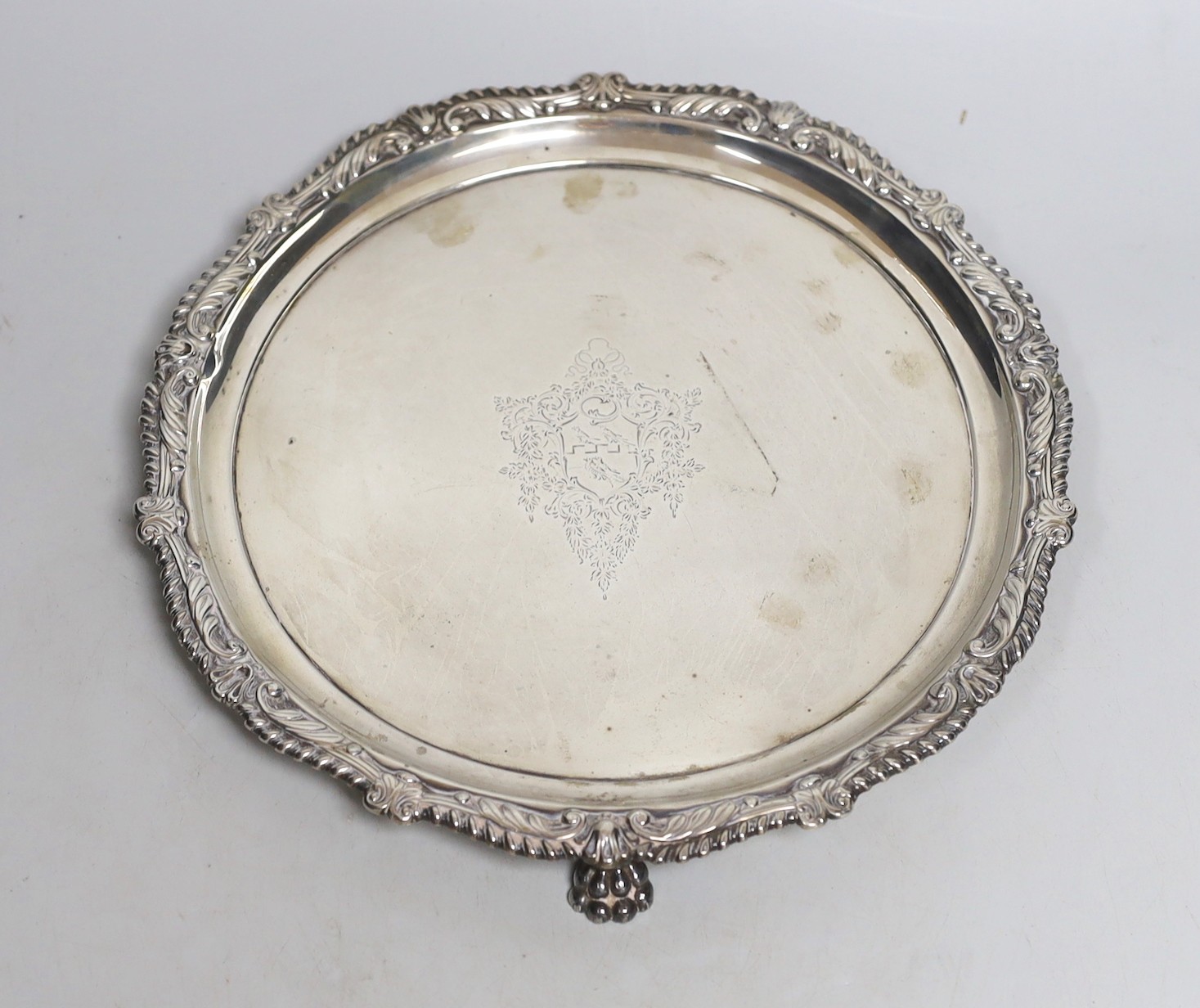 A George III silver salver, Samuel Roberts, George Cadman & Co, Sheffield, 1813, 25.7cm, 14.2oz (holes).